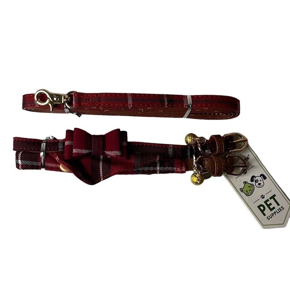 Pet collars and leash combo set NEW red plaid‎ NWT